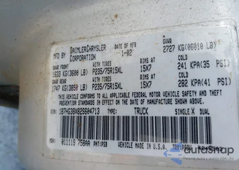 2002 Dodge Dakota Sport from USA, damaged, VIN 1B7HG38X82S604713